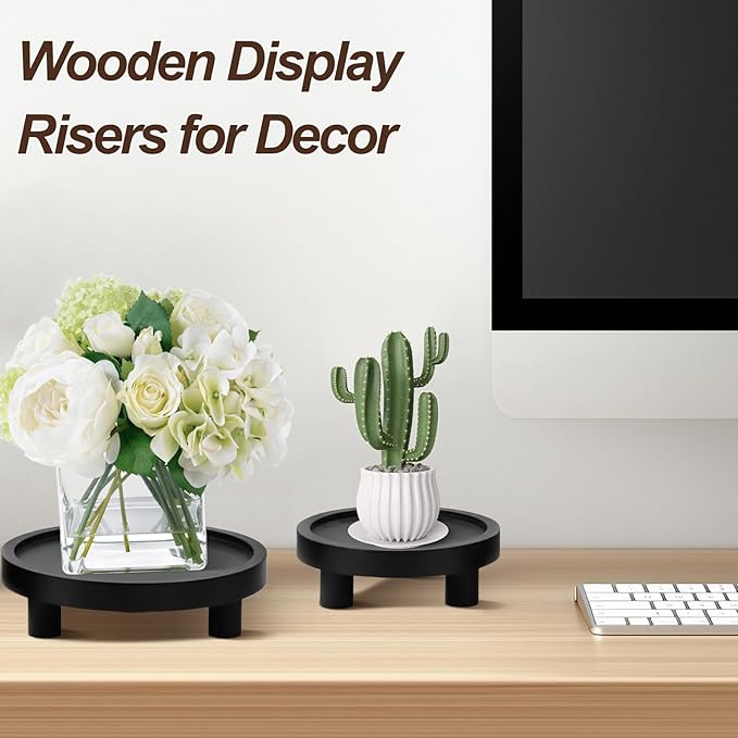 3 Pcs Wood Plant Stand Indoor Outdoor, Wooden Stool Display Stand 5/6/8" Round Riser Flower Pot Holder with Raised Edge Small Planter Tray Modern Potter Decorative for Garden Desktop Home Table Counter Room (Black)
