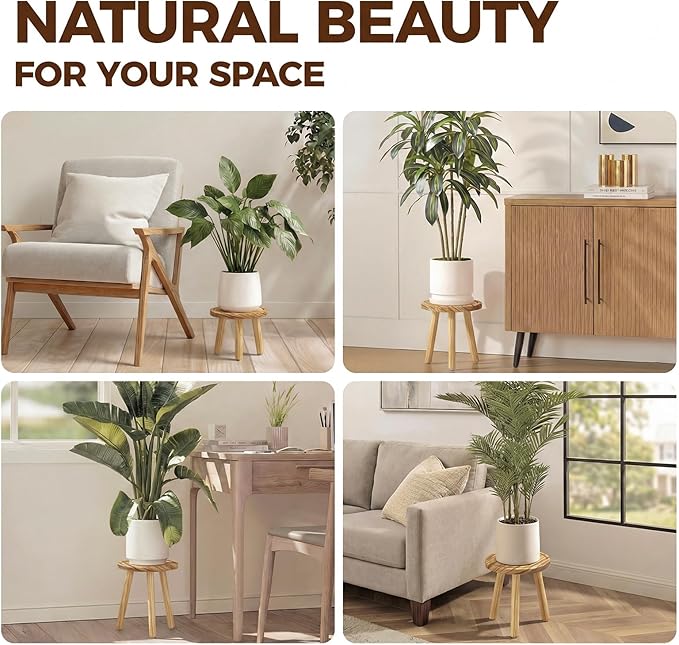 Bamworld Plant Stands Indoor 3 Pack Single Plant Stand for Multiple Plants Corner Plant Stool Wooden Plant Stands for Patio Garden Balcony Living Room Bedroom(Nature)