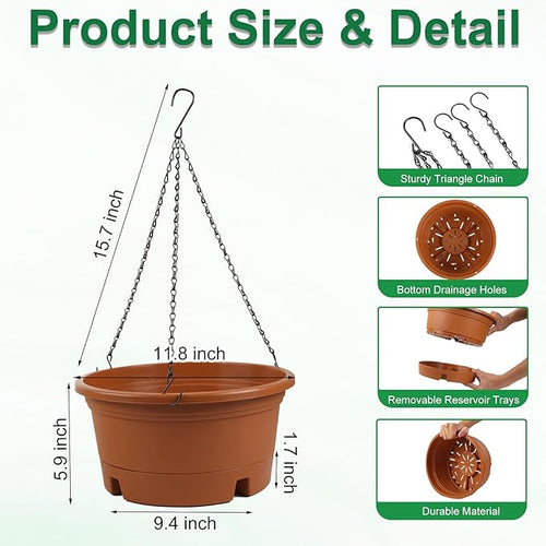 12 Inch Large Hanging Planters for Ootdoor Plants, 4 Pack Plastic Hanging Basket Pots with Drainage Trays & Chain, Hanging Pots for Plants Indoor Outdoor Garden Balcony Decoration (Terracotta)