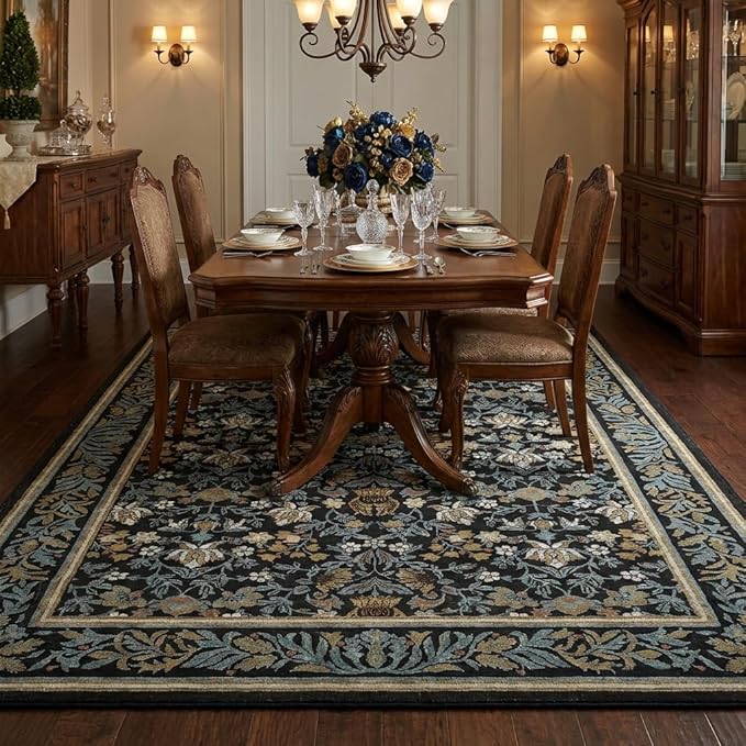 GarveeHome 5x7 Area Rugs Washable Rugs for Living Room, Boho Vintage Rug Non Slip Low Pile Stain Resistance Indoor Soft Large Carpet for Bedroom Dining Room Office Blue Black