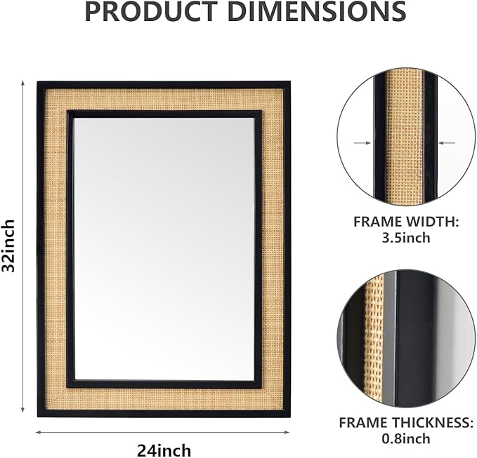 Rectangle Rattan Mirror, 24"x32" Rattan Wall Mirror for Bathroom, Large Farmhouse Wooden Mirror with Handmade Wicker Frame, Decorative Boho Mirror for Nursery Bedroom Living Room Entryway Black
