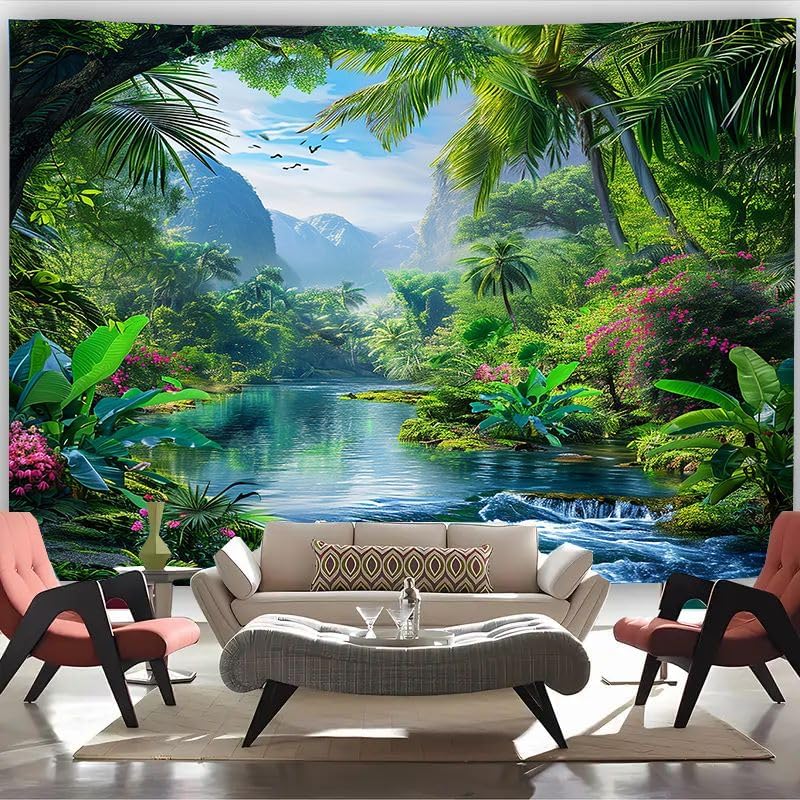 FENDROM Nature Tropical Rain Forest Tapestry Fantasy Landscape Mountain River Jungel Wall Hanging Tapestries for Bedroom Living Room Dorm - color: Rain Forest, size: 59"L x 39"W