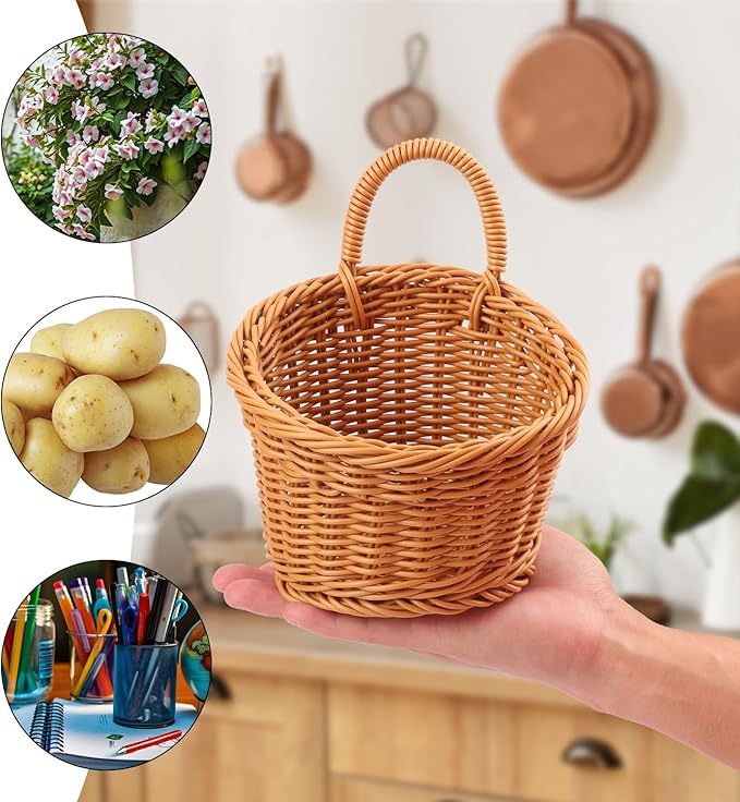 6 Pack 6.3 x 5 inch Woven Hanging Fruit Basket, Wall Hanging Wicker Baskets, Wall fruit Wicker Basket for Kitchen, Planter, Vegetable & Fruit, Boho Home Decor