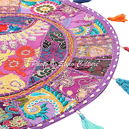 Ethnic Yoga Pillows for Sitting On Floor Vintage Patchwork Pouf Cover Purple 18x18 Decorative Round Decor Seating Tuffet Seat Pouf Cover Footstool Cotton Embroidered 1 Pc - color: Purple