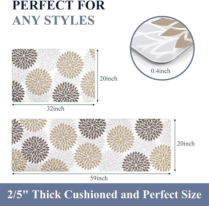 HEBE Anti Fatigue Kitchen Rug Sets 2 Piece Non Slip Kitchen Mats for Floor Cushioned Kitchen Rugs and Mats Waterproof Comfort Standing Mat Runner for Kitchen,Home Office,Sink,Laundry