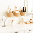 ShellKingdom Hanging Baskets, 3Pack Woven Wall Mounted Storage Basket with 3 Pcs Hooks, Boho Pouchs Bag Organizers for Home Office Living Room Bathroom Door Wall Decoration Caddy Bins (Jute)