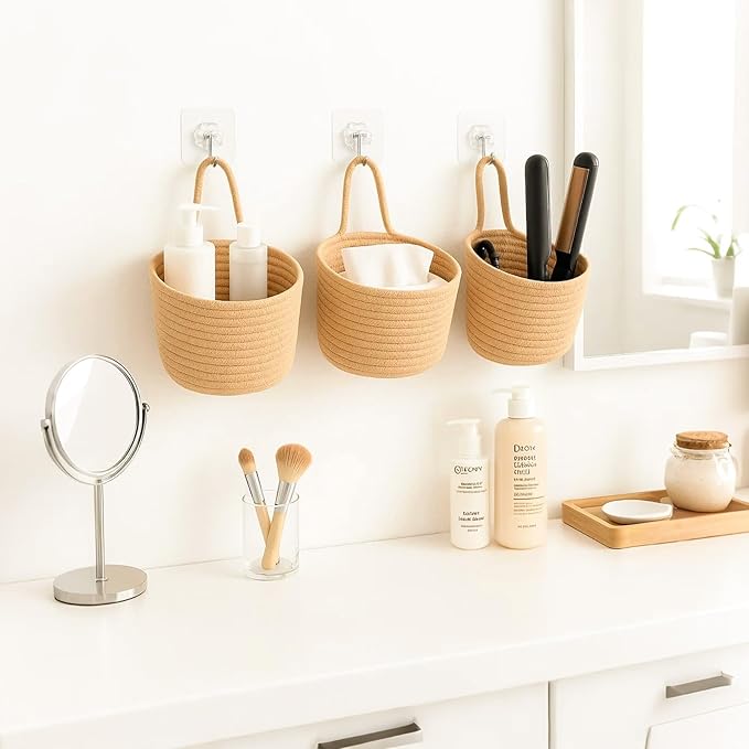 ShellKingdom Hanging Baskets, 3Pack Woven Wall Mounted Storage Basket with 3 Pcs Hooks, Boho Pouchs Bag Organizers for Home Office Living Room Bathroom Door Wall Decoration Caddy Bins (Jute)
