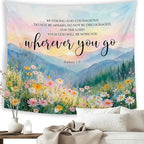 MNASAIOO Christian Wildflower Mountian Wall Tapestry Hanging for Bedroom, Bible Verse Scripture Joshua 1:9 Tapestries,Watercolor Spring Colorful Landscape Wall Decor for Living Prayer Room 50x60in