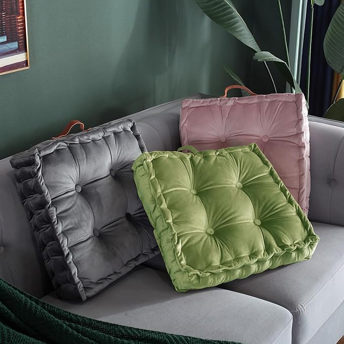 vctops Square Solid Color Velvet Seat Cushion with Handle Tufted Thicken Chair Pad Tatami Floor Pillow Cushion 16.5"x16.5"x4" Grass Green