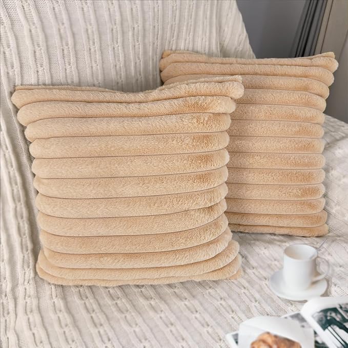 2 Pack 24x24 Pillow Cover Velvet Pillow Covers, Faux Fur Square Throw Pillow Covers for Living Room Decorations Throw Pillow Case, Throw Pillow Cover Cushion Cover for Home Sofa Bedroom Car, Khaki