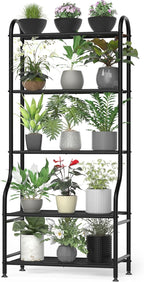 5-Tier Metal Plant Stand - Heavy Duty Indoor Outdoor Flower Shelf for Multiple Pots, 65" Tall Vertical Holder with Adjustable Leveling Feet & Wall-Fixing Kits, Black