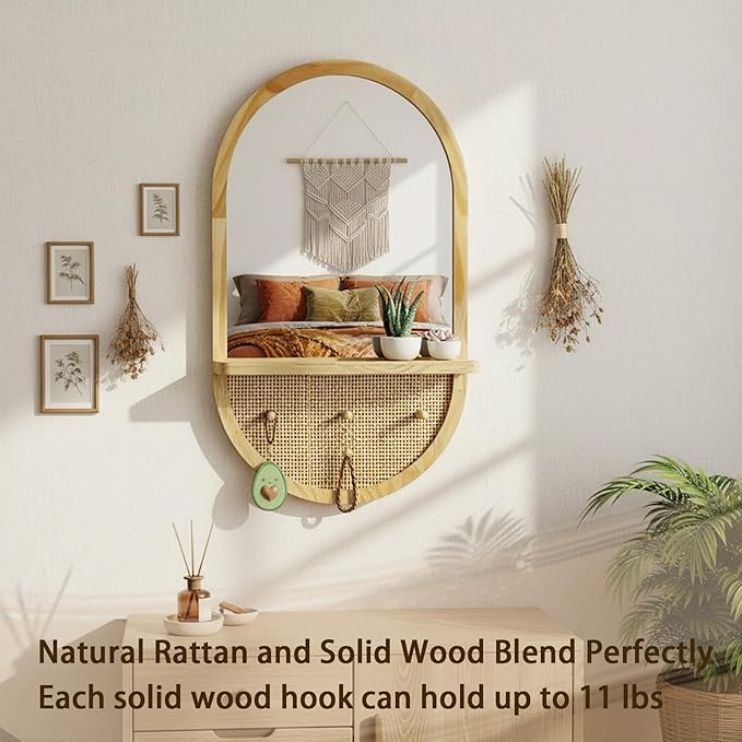 Wall Mirror with Hooks, 30x18 Inch Boho Wall Mirror with Removable Shelf, Oval Solid Wood Framed, Handmade Rattan Mirror Decor Accent for Entryway, Bathroom, Nursery, Bedroom, Living Room