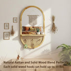 Wall Mirror with Hooks, 30x18 Inch Boho Wall Mirror with Removable Shelf, Oval Solid Wood Framed, Handmade Rattan Mirror Decor Accent for Entryway, Bathroom, Nursery, Bedroom, Living Room
