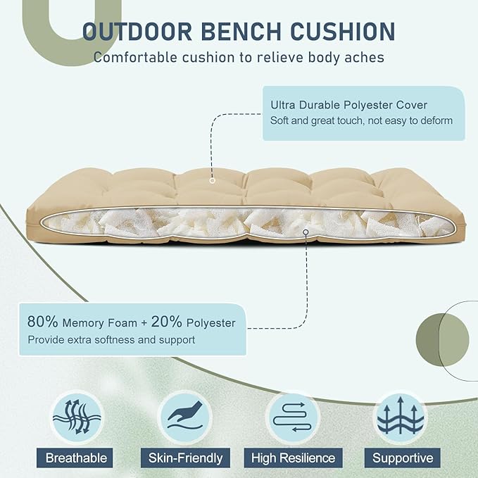 downluxe Outdoor Bench Cushion for Patio Furniture, Waterproof Tufted Overstuffed Porch Swing Cushions, Thick Outdoor Loveseat Cushions, 48" X 18" X 5", Khaki, Set of 1