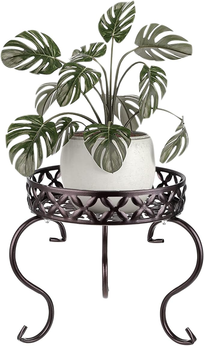 OwnMy Metal Round Plant Stand Indoor Outdoor Flower Pot Holder, Heavy Duty Iron Plant Stand Display Potted Rack for Home, Garden, Patio, Dark Brown