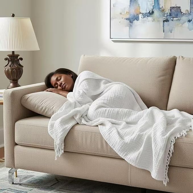 KyraHome 100% Cotton Muslin Blankets for Adults, Couch, 50"x60", Pre-Washed Plant Dyed, Breathable Lightweight Gauze Bed Blanket, All Season (White)