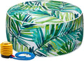 Magpie Fabrics Inflatable Stool Ottoman Pouf D20 xH9, Outdoor Round Footrest Footstool with Foot Pump, Portable for Patio Garden Travel Camping -Green Palm Leaves