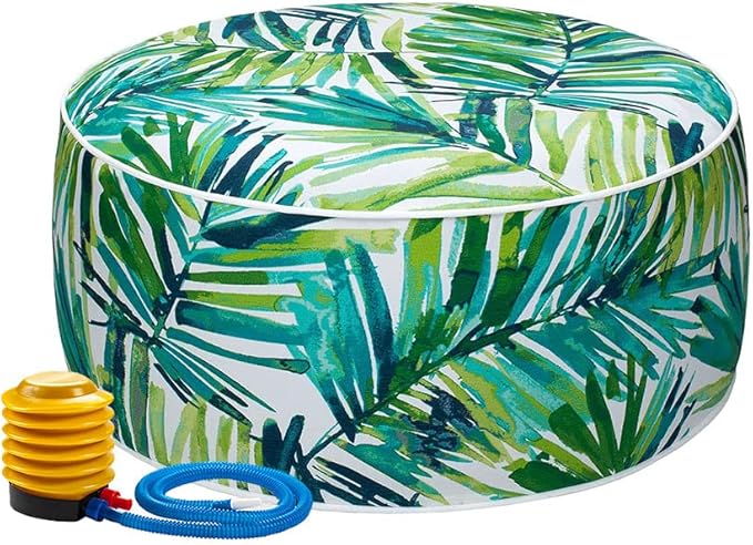 Magpie Fabrics Inflatable Stool Ottoman Pouf D20 xH9, Outdoor Round Footrest Footstool with Foot Pump, Portable for Patio Garden Travel Camping -Green Palm Leaves