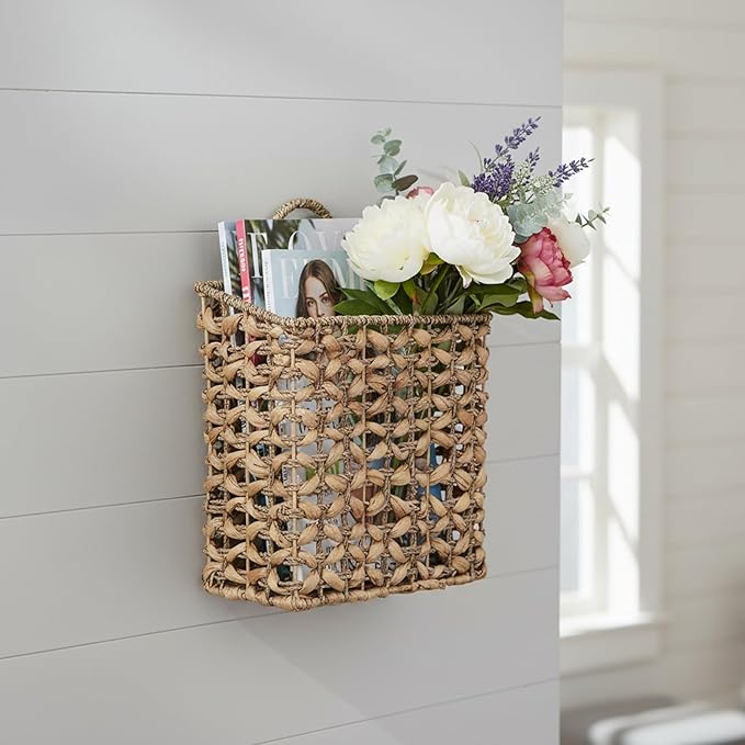 Magazine Holder, Woven Magazine Rack, Hanging Wall Basket with Handle, Rattan File Holder, Wall Mounted Storage Basket for Letters, Magazines, Books, Newspapers, Home & Office Organizer