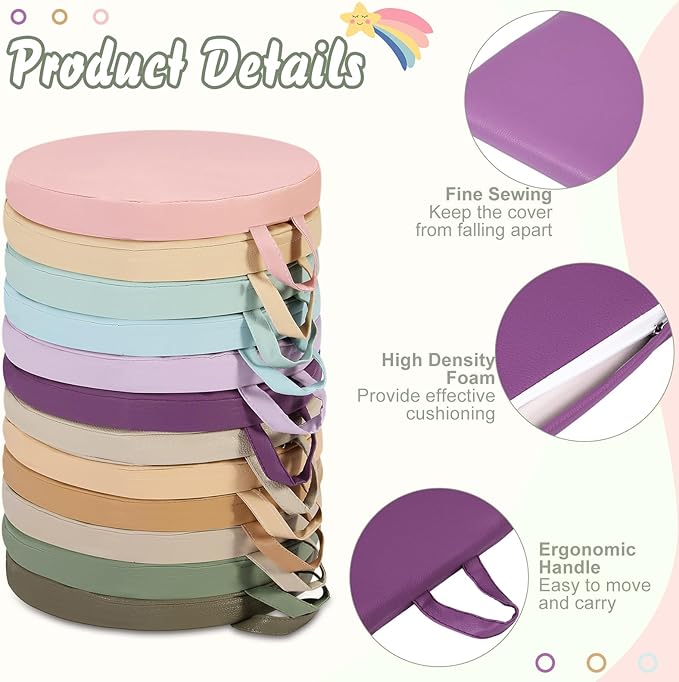 Sawysine 12 Pcs Floor Cushions Classroom Flexible Floor Seating with Handle for Kids in Home School Classroom Kindergarten Daycare Nursery (Vivid Color,Round)