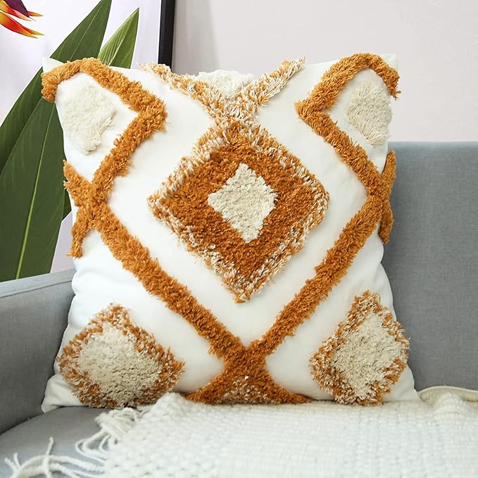 Merrycolor Boho Throw Pillow Covers 18x18 Orange Woven Tufted Decorative Pillow Covers Modern Accent Bohemian Square Pillow Cases for Couch Sofa Bedroom Living Room (No Pillow Insert,1Pcs)