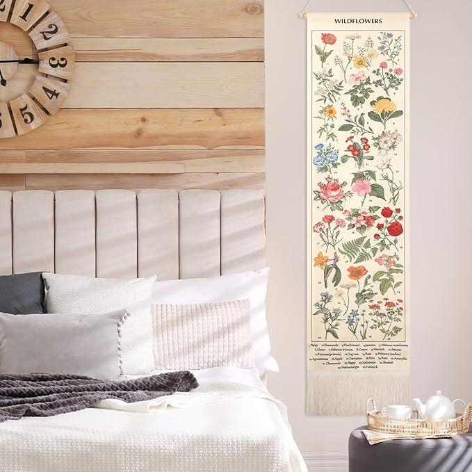 Geetery Vintage Floral Vertical Tapestry Wall Hanging Decor Long Flower Narrow Botanical Fabric Wall Art Hanging Reference Illustrative Tassel Tapestry for Bedroom Living Room Home Decor Gift(White)