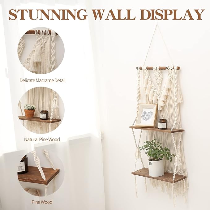 ANROYE 2 Tier Macrame Boho Wall Hanging Shelf, Handmade Bohemian Wooden Woven Plant Floating Shelves Decor, Decorative Chic Organizer for Bathroom Women Bedroom Girl Nursery Storage