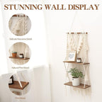 ANROYE 2 Tier Macrame Boho Wall Hanging Shelf, Handmade Bohemian Wooden Woven Plant Floating Shelves Decor, Decorative Chic Organizer for Bathroom Women Bedroom Girl Nursery Storage
