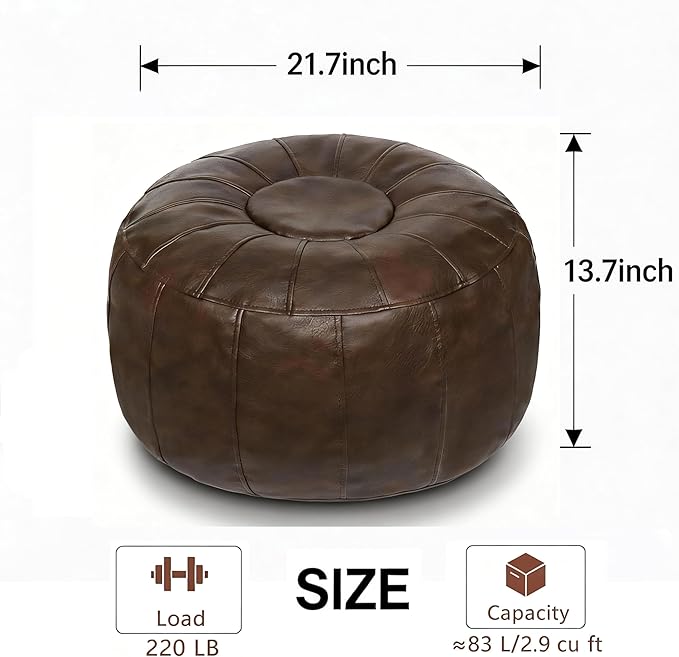 Thgonwid Unstuffed Moroccan Storage Pouf Foot Stool Ottoman Seat Handmade Faux Leather Bean Bag Floor Chair Foot Rest for Living Room, Bedroom or Balcony (Deep Coffee)