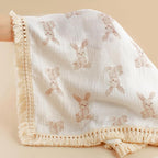 Little Jump Cotton Muslin Swaddle Blankets with Tassel, Boho Bohimia Muslin Baby Blanket Neutral with Fringe, Vintage Teddy Bear Nursery Decor Muslin Throw Blanket 47" x40" (Bunny)