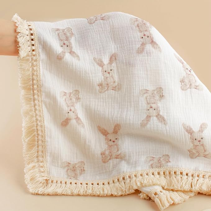 Little Jump Cotton Muslin Swaddle Blankets with Tassel, Boho Bohimia Muslin Baby Blanket Neutral with Fringe, Vintage Teddy Bear Nursery Decor Muslin Throw Blanket 47" x40" (Bunny)