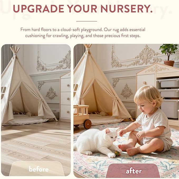 Lahome Sylvie Boho Light Pink Round Rug 4ft, Washable Small Circle Rugs for Bedroom Kids, Pink and Green Nursery Circular Carpet Girl Decor, Soft Non-Slip Round Carpet for Sunroom, Blush