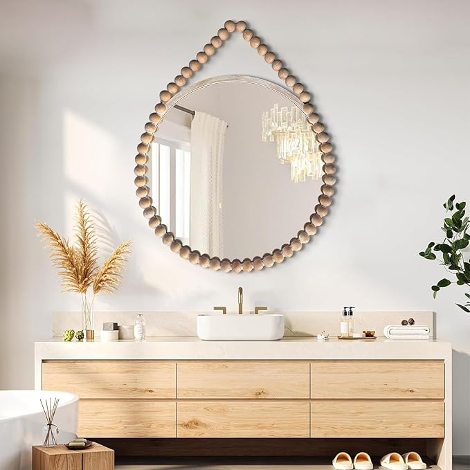 POZINO Wood Round Mirror, 36" Large Wooden Beaded Mirror, Farmhouse Hanging Country Rustic Mirrors with Rope, Spherical Frame Circle Mirrors for Bathroom Bedroom Living Room Hallway Entryway Fireplace