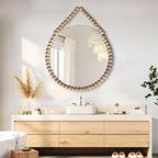 POZINO Wood Round Mirror, 36" Large Wooden Beaded Mirror, Farmhouse Hanging Country Rustic Mirrors with Rope, Spherical Frame Circle Mirrors for Bathroom Bedroom Living Room Hallway Entryway Fireplace