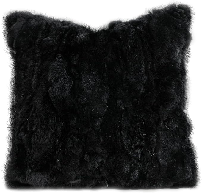 MOOX Rabbit Fur Throw Pillow Covers Decorative Fluffy Soft Fuzzy Plush Luxury Genuine Animal Skin Lumbar Pillow 18"x18" Cushion Cover, Couch-Black
