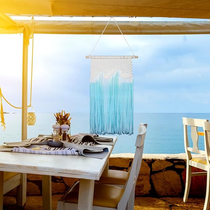 Bucherry Beach Wave Hanging Tassels Decor 14" x 20" Ocean Macrame Wall Hanging Coastal Tapestry Wall Art for Beach Themed Seafaring Living Room Bedroom Home Decoration