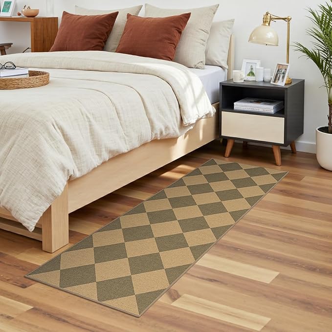 Lessymo Checkered Runner Rug 2x6 for Hallway, Washable Kitchen Runners Non Slip Easy Jute Entryway Rug, Farmhouse Geometric Indoor Carpet Outdoor Rugs for Patio Backyard Porch, Diamond Brown/Beige