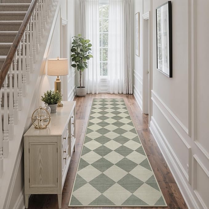 Beeiva Checkered Print Rug Runners for Hallways 2.5x10, Green Kitchen Runner Rugs Non Skid Washable Ultra Thin Faux Wool Long Carpet for Hallway, Checkerboard Neutral Floor Carpet for Kitchen Decor