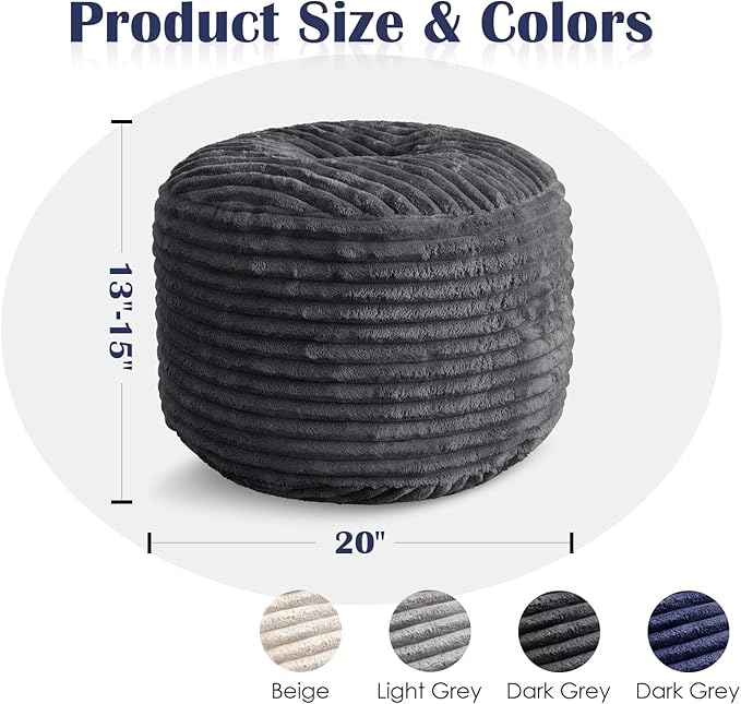 Round Pouf Ottoman,Corduroy Poufs with Memory Foam Filling for Foot Rest,Soft Footstool for Living Room,20"x 15",Dark Grey
