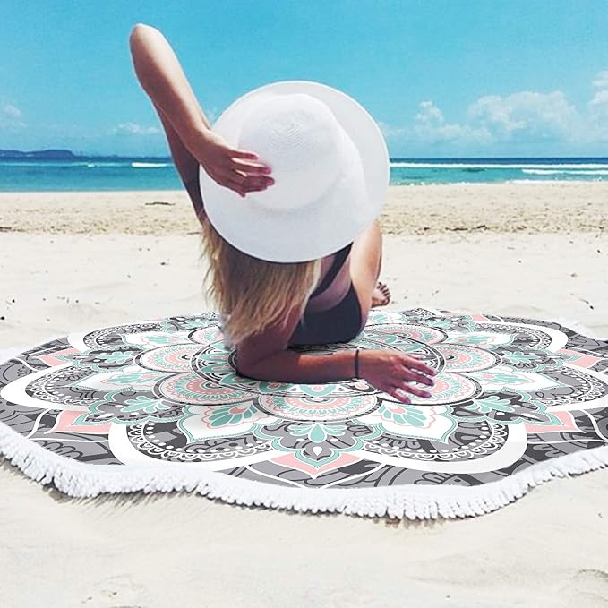 Mandala Round Boho Beach Towel Blanket, Oversized Microfiber Hippie Bohemian Absorbent Fast DRY Sand Free Circle Swim Pool Yoga Towel Table Cloth, Soft 59 inch Mediation Mat Wall Decor with Tassels