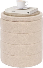 PINPLUS Round Storage Ottoman Foot Rest Stool with Tray Velvet Sherpa Folding Storage Ottoman,Boucle Foot Rest for Living Room, Bedroom, Dorm（Beige）