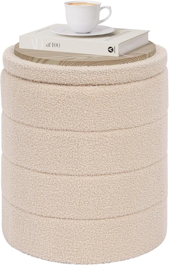 PINPLUS Round Storage Ottoman Foot Rest Stool with Tray Velvet Sherpa Folding Storage Ottoman,Boucle Foot Rest for Living Room, Bedroom, Dorm（Beige）