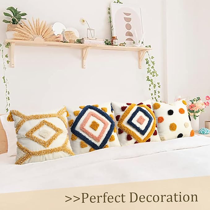 Merrycolor Boho Throw Pillow Covers 20 x 20 Modern Geometric Diamond Boho Pillows Decorative Throw Pillow Cases Yellow Blue Pink Soft Woven Tufted Pillow Cushion for Couch Sofa Bedroom Living Room