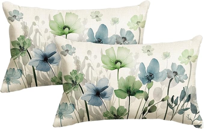 AVOIN colorlife Poppy Flowers Chinoiserie Throw Pillow Covers, 12 x 20 Inch Blue Sage Green Seasonal Leaves Cushion Case Decoration for Sofa Couch Set of 2