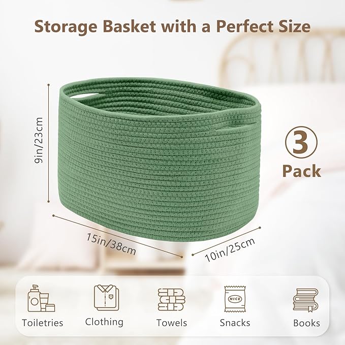 Cotton Rope Storage Basket, 15x10x9 Inches, Woven Basket for Shelves, Clothes, Towels, Books, and Laundry, Green (3 Pack)