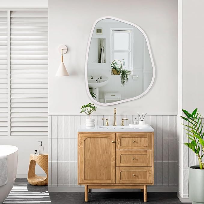White Irregular Oval Wall Mirror Large 26"x18" Inches Asymmetrical Mirror Modern Wood Frame Unique Shape Wall Mounted Vanity Artistic Mirror Decor for Living Room Bedroom Bathroom Entryway