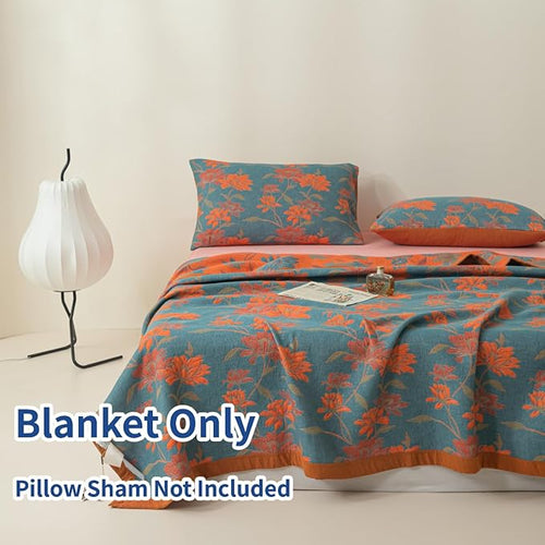 100% Cotton Muslin Blanket Jacquard Floral Flowers Bloosom Print Quilt, Soft Bed Cover 3 Layers Reversible Bedspread Coverlet Breathable Lightweight Bedding King(98"x94"), No Pillow Sham
