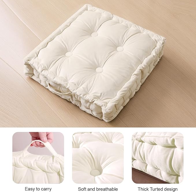 Square Floor Pillows, Large Floor Cushion for Adults Kids, Meditation Floor Pillow Seating Cushion with Shredded Memory Foam and Silk Wadding, 20"x20"x5" Ivory