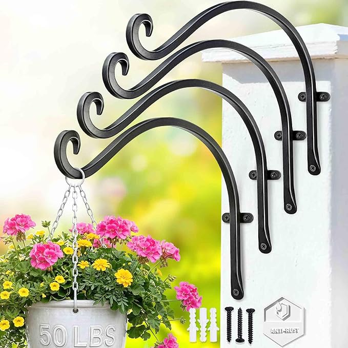Qiang Ni Bird Feeder Hanger: 12-Inch 50 Lbs Wall-Mounted Plant Bracket Outdoor - 4 Pieces Black Plant Hooks for Hanging Flower Baskets