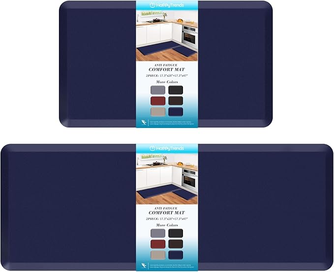 HappyTrends 2 PCS Kitchen Mat Cushioned Anti-Fatigue Floor Mat, Heavy Duty Ergonomic Comfort Foam Standing Mat,20"x30"+20"x47",Navy